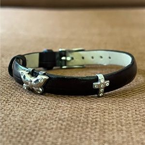 Black Leather Strap Bracelet with Silver Tone Charms Butterfly Cross